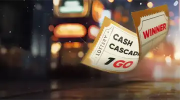 Лотерейный билет с надписью Cash Cascade и Winner от Мотор Казино, подчеркнутый огнями большого города